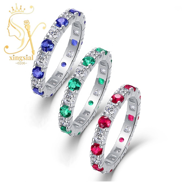 Anniversary Valentines Day Gift Jewelry Women 925 Silver 18K Rhodium Plated Moissanite Emerald Sapphire Lab Grown Ruby Band Ring
