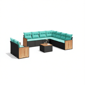 Set di Divani da Esterno in Polyrattan Nero Moderno con Cuscini, Arredamento per 10 Persone, Design Contemporaneo con Accenti in Legno Massello - Product Image 1