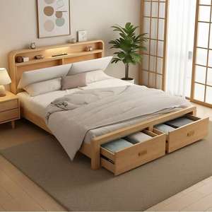 现代橡木大号床，手工雕刻，可伸缩、可折叠，带储物抽屉和升降装置 - Product Image 1