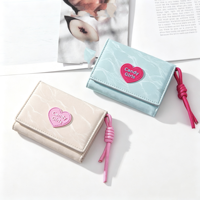 Dompet Lipat Kulit PU Pola Hati Warna Permen, Tempat Kartu Multi-Fungsi, Dompet Pendek Ringan Wanita, Tas Kartu Pelajar