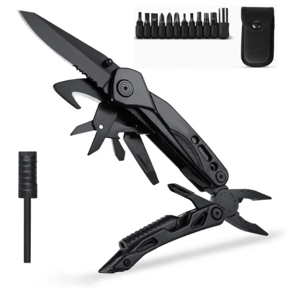 Multitool with Pliers, Fire Starter, whistle,Scissors,Screwdriver,15 in 1 EDC Multi Tool with Safety Locking,Survival Knife