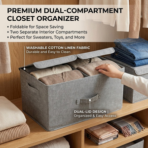 Caixa de Armazenamento Dobrável de Algodão e Linho Lavável com Compartimento Duplo e Tampa Dupla para Suéteres, Brinquedos e Outros Itens - Product Image 2