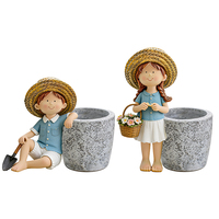 Figurine de garçon et de fille en résine multifonctionnelle Yuandian avec pot de fleurs, ornement de jardin, sculpture de bureau pour pelouse et cour