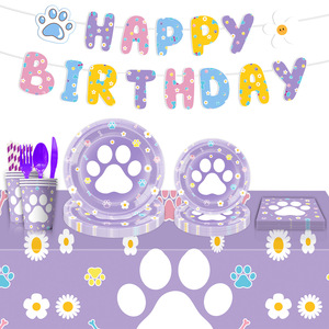 Dog Paw Party Supplies Birthday Decorations Paper Plates Cups Tablecloth Disposable <b>Set</b> For Kids 2-4 Years - Product Image 4