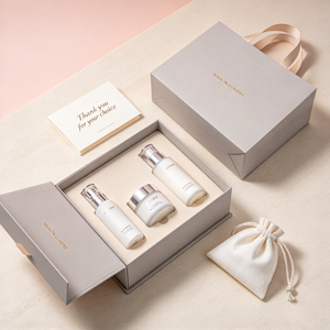 Coffret cadeau rigide personnalisé pour sérum cosmétique avec logo estampé or, insert en mousse EVA sur mesure et sac shopping en papier assorti - Product Image 1