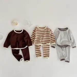 Autumn 2022 new Infant Newborn Stripes baby comfortable soft suit baby waffle Round Neck Long Sleeve Top + pants 2-piece set
