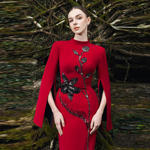 Robe de <span class=keywords><strong>soirée</strong></span> longue élégante de luxe rouge pour femme, à sequins floraux, manches longues, style <span class=keywords><strong>couture</strong></span>, moulante, pour fête - Product Image 2