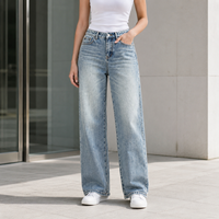 Jean Boyfriend Femme Taille Haute Délavé Effet Usé Jambe Large Ourlet Courbé Respirant Ample Longueur Intégrale Style Y2K