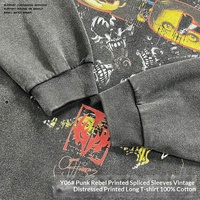 T-shirt Homme Manches Longues Vintage Automne Hiver Effet Délavé Imprimé Punk Patchwork Panneaux Contrastants Style Rock Marque Privée