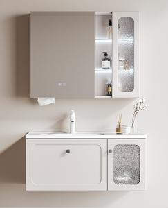 Meuble-lavabo de salle de bain moderne en bois massif style crème français avec vasque en céramique intégrée, miroir intelligent en cuivre, fixation murale, écologique - Product Image 1