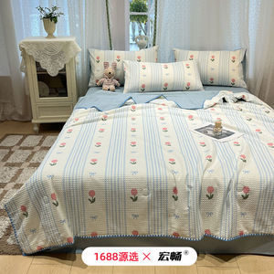1688 100% Cotton Quilt Set 4 Pieces Floral Print Summer Air Conditioning Quilt Home Use - Product Image 2