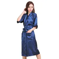 Batas de seda de estilo japonés para mujer, cárdigan largo de Color sólido con dos bolsillos