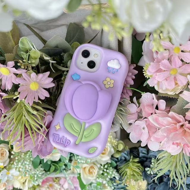 BAILI Factory 2025 New Design Purple Tulip 3D Silicone Phone case with Telescopic Stand Flower Mobile Cover for Iphone 6 8 XR 16