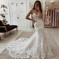 Robes de mariée sirène vintage en tulle avec appliques en dentelle, décolleté cœur et bretelles spaghetti, avec traîne