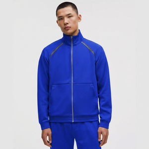 Unisex Blue Fleece <b>Track</b> <b>Jacket</b> Custom Collar Zipper Closure Sporty Style Winter Wear Regular Fit Knitted Polyester Material - Product Image 1