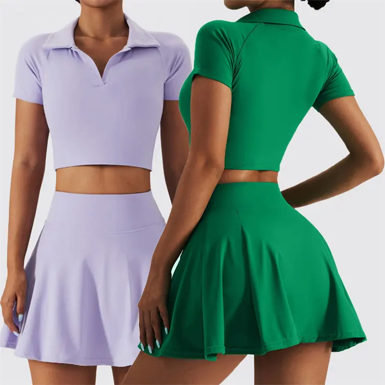 2023 Plain Elastic Leve Camisas Polo das Mulheres Conjuntos Tricô Sexy Clubwear Vestuário De Golfe 2 Pcs Saia De Tênis Conjuntos