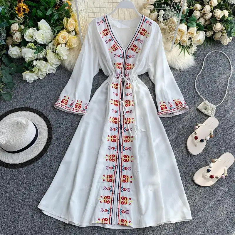 Summer Bohemian Style Dress Lady Embroidery Lace Up V-neck Long Sleeve Short Midi Dress Embroidered Casual Dresses