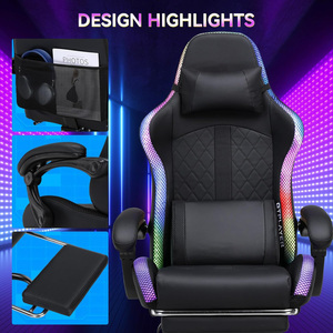 Chaise de jeu ergonomique noire à bascule avec télécommande LED, haut-parleurs, barre lumineuse et sac de rangement pour PC, idéale pour l'e-sport et la course automobile - Product Image 2