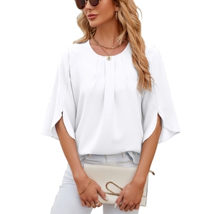 Chemise à manches trois quarts en mousseline de soie douce décontractée en polyester pour femmes, nouvelle collection été, couleur unie, col rond, coupe régulière, anti-boulochage - Product Image 5