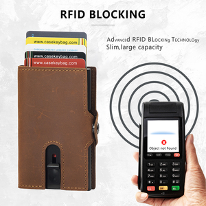 Crazy Horse Full Grain Genuine Leather Pop Out Auto-eject Mini <b>Wallet</b> RFID Slim Gents Popup Smart Card <b>Holder</b> With Cash Strap - Product Image 5