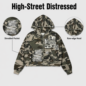 เสื้อฮู้ดซิปผู้ชาย ODM OEM ลายพรางแบบดิสเทรส คุณภาพสูง ทรงโอเวอร์ไซส์ ตกแต่งผ้าแบบแพทช์เวิร์ค ทรงปกติ ผ้าถัก - Product Image 3