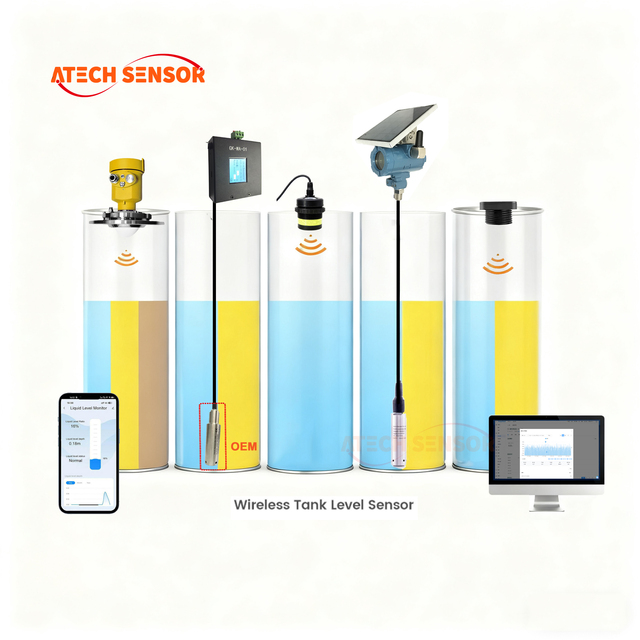 Atech OEM Stainless Steel Wireless Rs485 Wifi Radar Tuya Submersible Ultrasonic High Accuracy Liquid Level Transmitter Water