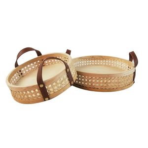 Oem & ODM có sẵn trực tiếp nhà sản xuất làm bằng tay mây + Lưu trữ bằng gỗ Giỏ bánh mì trái cây rau khay với da xử lý - Product Image 3