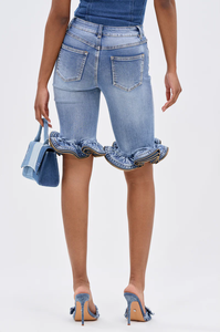 Shorts in denim da <span class=keywords><strong>donna</strong></span> a vita alta azzurro chiaro, stile <span class=keywords><strong>boyfriend</strong></span> vintage chic estivo con orlo arricciato e tecnica lavata casual - Product Image 3