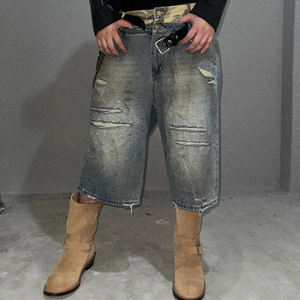 Shorts en jean pour homme, style vintage Y2K, taille haute, délavé, déchiré, avec ceinture et boutons, coupe ample, été - Product Image 5