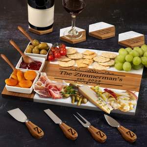Plateau à charcuterie en marbre et bois gravé au laser personnalisé GhP, plateau <span class=keywords><strong>de</strong></span> service à fromage avec ensemble <span class=keywords><strong>de</strong></span> couteaux pour cadeaux <span class=keywords><strong>de</strong></span> fête prénuptiale - Product Image 3