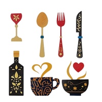 Ensemble de couverts de table en bois à motif floral de style nordique innovant, comprenant couteaux, fourchettes, verres à café et à vin, et décoration murale d'anniversaire pour