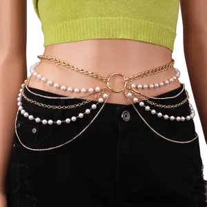 Fashion Design Rhinestone Multi-layer Metal Chain Waist Chain Female Retro Imitation Pearl Body Chain