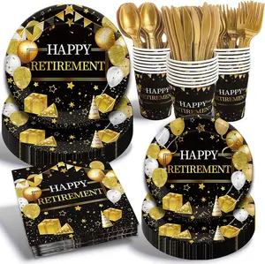 168Pcs Happy Retirement Party Supplies Black and Gold Theme Disposable Tableware Set