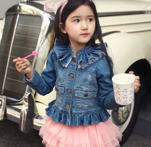 Hot Stock <b>Elastic</b> Quality Spring Children's Girls Jeans With <b>Lace</b> Jackets for Kids Coats - Product Image 2
