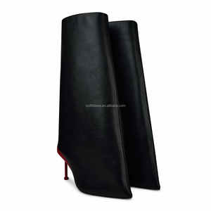 Bottes hautes en cuir véritable à bout pointu pour femmes, style exagéré, talon aiguille, coupe ample, jambe large, en cuir - Product Image 4