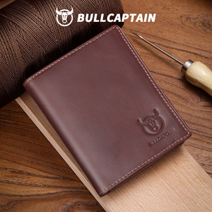 Portefeuille court pour homme BULLCAPTAIN en cuir véritable RFID, luxe classique, portable, vintage, fin, vertical, avec porte-monnaie et porte-cartes - Product Image 1