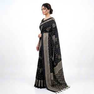 Sari en soie noire avec bordure à motif de feuilles grises, tenue de mariage pour femmes, sari indien traditionnel, longueur au sol, service OEM, échantillon disponible en 7 jours - Product Image 1