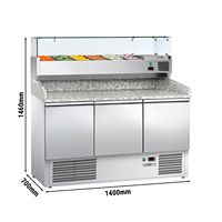 Mesa de Preparación Refrigerada para Pizza Gastro GGM ECO-1400x700mm, Triple Puerta, Eficiencia Energética A++, Temperatura Digital +4°C +10°C