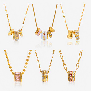 ชุดสร้อยคอเครื่องรางนำโชค ทอง 18K สแตนเลส ประดับเพชรพลอยสีชมพู ดีไซน์เรขาคณิต ของขวัญเครื่องประดับ - Product Image 5