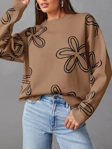 Sweater Rajut Motif Bunga Tinggi Model Cable Knit untuk Wanita, Kerah Bulat Kasual, Lengan Panjang, Desain Depan, Ukuran Besar, Musim Dingin - Product Image 3