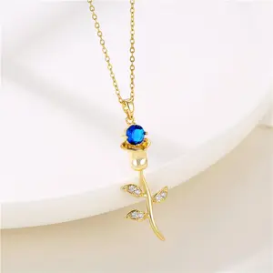 Zierliche Edelstahl kette CZ Blumen form Anhänger Halskette Vergoldete blaue Diamant Tulpe Halskette für Damen