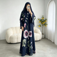 Ensemble Abaya à imprimé floral pour femmes, robe musulmane en mousseline de soie, kimono ouvert sur le devant avec hijab, vente en gros