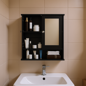 Organizador de Pared para Baño, Gabinete con Espejo, Negro, Rectangular, Antivaho, Marco de Madera, Diseño Minimalista - Product Image 2