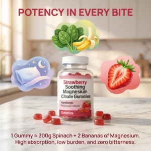 Bonbons Gélifiés Apaisants au Citrate de Magnésium à la Fraise pour le Soulagement des Tensions Musculaires, Sans Sucre, Emballage Bouteille, Contre la Carence en Magnésium - Product Image 4