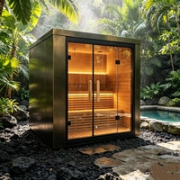 Sauna extérieur carré en cèdre Hemlock avec une petite différence de couleur sur la surface et une distribution uniforme sur toute la planche