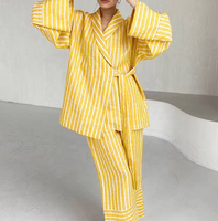 Vêtements en lin de haute qualité pour femmes, 100% coton et lin mélangés, chemise ample à rayures et pantalon droit, ensemble 2 pièces