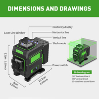 Niveau laser industriel rotatif 3D à rotation de 360 ° Faisceau de lumière verte à 16 fils Distance de travail de 50m Niveau laser vert à piles