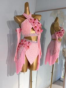 Nuevo Vestido de Baile <span class=keywords><strong>Latino</strong></span> para Mujer, Top Halter con Borlas y Flores, Conjunto de Falda, Traje de Baile, Rosa - Product Image 1