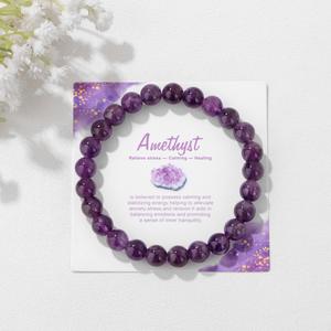 Pulsera Elástica de Cuentas de Amatista Natural de 8 mm con Tarjeta de <span class=keywords><strong>Significado</strong></span>, Joyería de Cristal Curativo para Mujeres y Hombres - Product Image 6