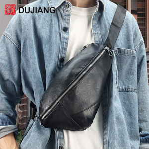 Sac de poitrine en cuir véritable Dujiang pour homme, sac bandoulière noir, tendance, usage quotidien, couleur unie, motif lychee - Product Image 2